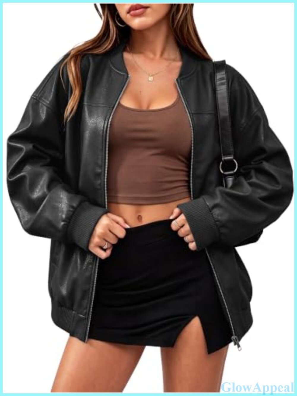 Oversized Faux Leather Bomber Jacket Drop Shoulder Viscose Blend Womens